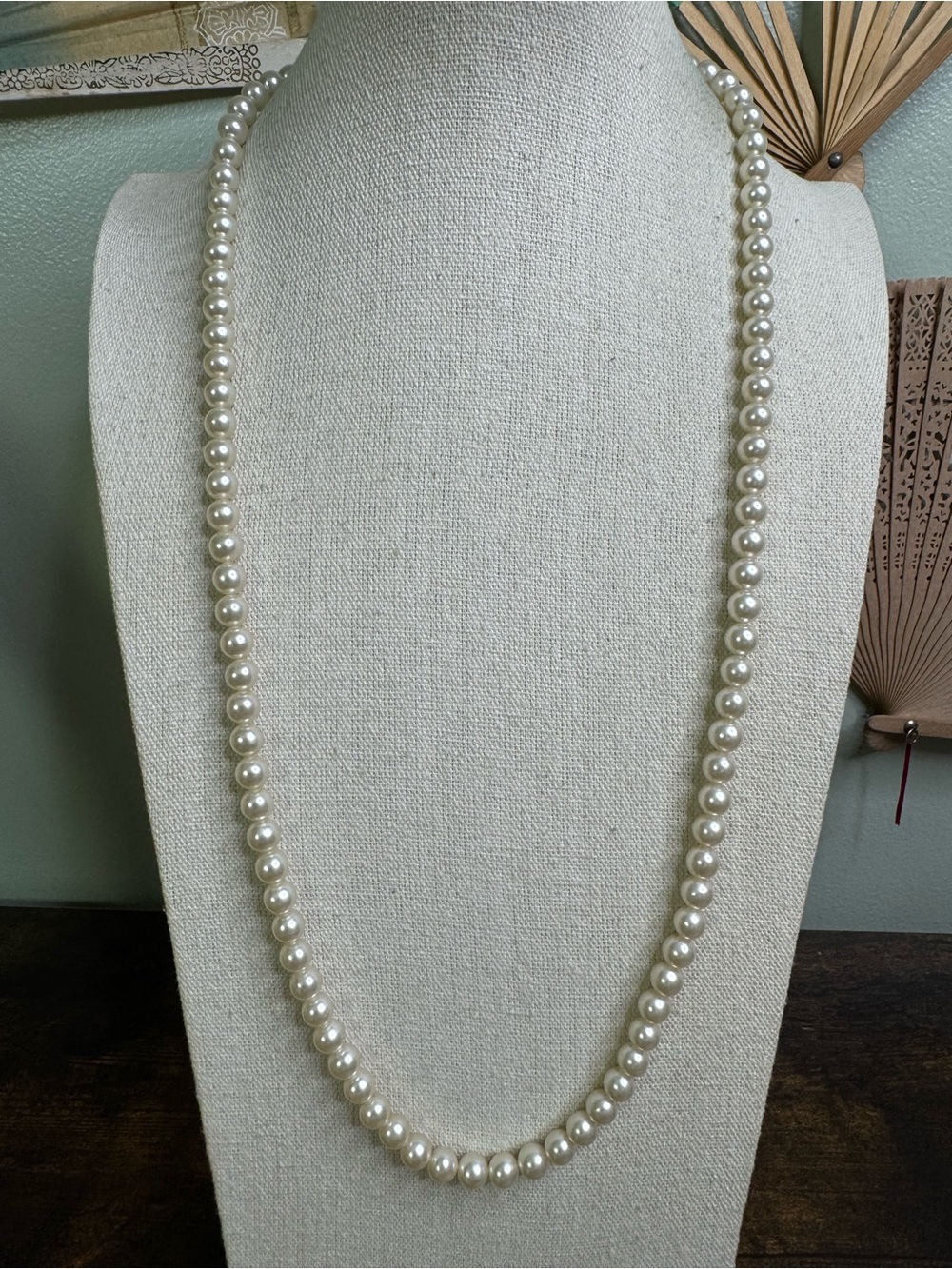 Vintage Long Ivory White Glass Pearl Necklace Opera Length